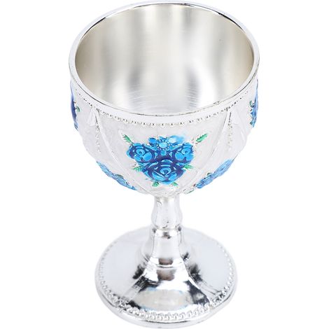 Verre à vin en métal de 30 ml, orné d'une rose sculptée en relief, idéal pour la maison, le bar, les voyages, les mariages et les fêtes. Couleurs argentées et bleues. (1/5)