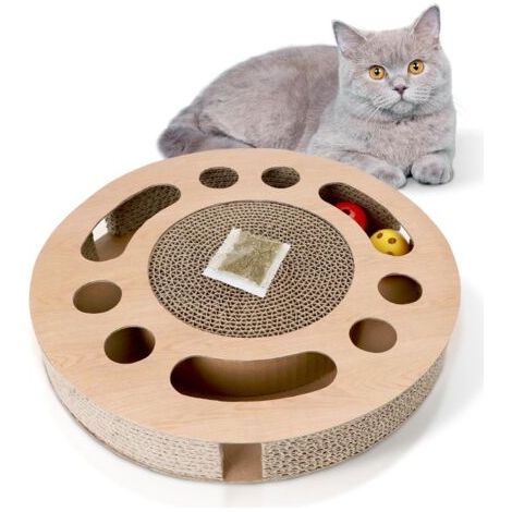 3 en 1 Grattoir Chat Carton Griffoir,Jouets Chat Tapis à Gratter pour Chat avec 2 Jouet Balles et Herbe À Chat