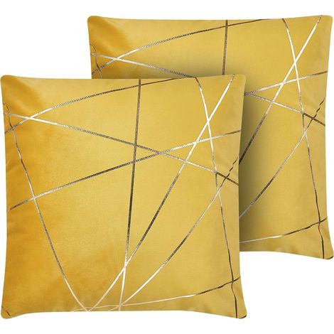 2 Coussins Déco en Velours Jaune Motif Géométrique Doré Déhoussables Idéals pour Salon ou Chambre Moderne et Glamour Beliani
