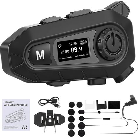 A1 Motorcycle Headset, Bluetooth 5.4 Helmet Headset for Music and Navigation Prompts, Hands-Free Calls, Voice Assistant, HD Speaker, CVC Noise Cancellation, FM Radio, LCD Display, 1 Pack (1/5)