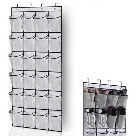 Organisateur suspendu à la porte, étagère à chaussures avec grands crochets et poches en filet, rangement pour chaussures et accessoires de cuisine, chambre, salle de bain et placard. (1/5)