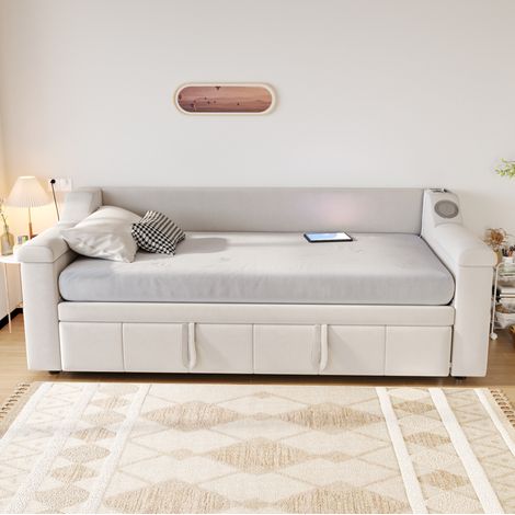 Sofá cama 90/180x190 cm beige de terciopelo con Bluetooth, USB y almacenaje (1/5)