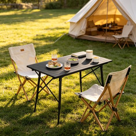 Mesa de camping plegable y regulable en altura, negra, 120x68,5x59/78,5 cm (1/5)