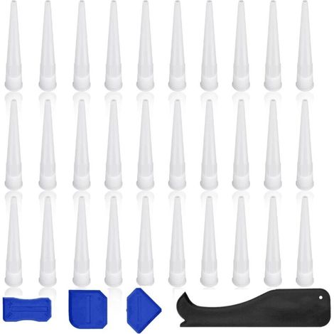 Embout Cartouche Silicone, 30 Pièces Buses D'étanchéité, Blanc Douille Cartouche Silicone, avec 4 Grattoirs, Remplaçables Buse de Pistolet à Calfeutrer, pour Maison, Construction, L'industrie