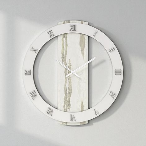 Orologio rotondo D60 cm in legno rivestito con parato e dettagli Argento TYLER (1/3)