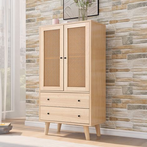 Commode à rangement – 110x70x80 cm – 2 portes + 2 tiroirs – effet rotin – blanc – MDF (1/5)