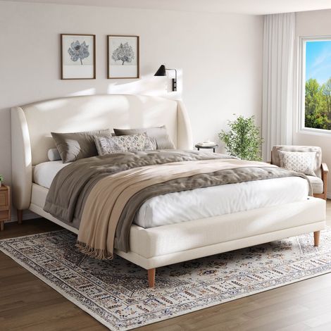 Lit capitonné 140 x 190 cm blanc ivoire en tissu bouclé tête de lit à oreilles design incurvé sommier à lattes pieds hévéa (1/5)