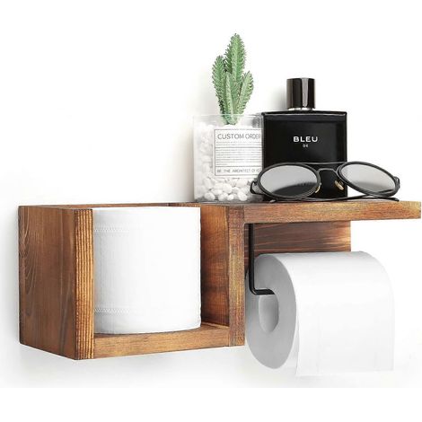 Porte-papier toilette mural en bois avec étagère, style campagnard, finition marron rustique, rangement pour rouleaux de papier toilette (1/5)