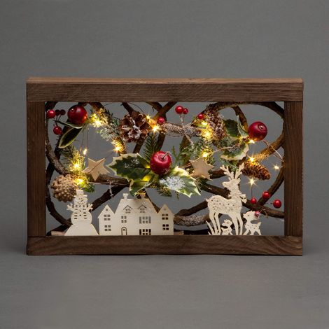 SHATCHI 40 cm LED pre-illuminato decorato con foglie pigne bacche 3D scena di Natale nordico forma rettangolare cornice in legno decorazioni da tavolo natale ornamento regali (1/5)
