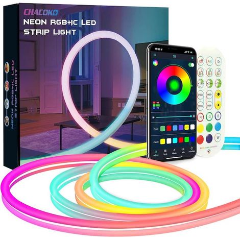 5 m RGB-LED-Neonlichtstreifen, mehrfarbiger Farbverlauf, wasserdicht (IP65), per Smartphone und Fernbedienung steuerbar, musikreaktiv, inklusive Montagesatz (1/5)