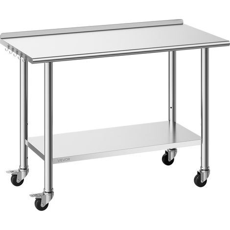 Table de Travail Cuisine Professionnelle, Table Centrale Inox 122x61 cm 2 Niveaux, pour Préparation Café Hôtel Restaurant, Poste de Travail en Acier Inoxydable sur Roulettes, avec Dosseret (1/5)