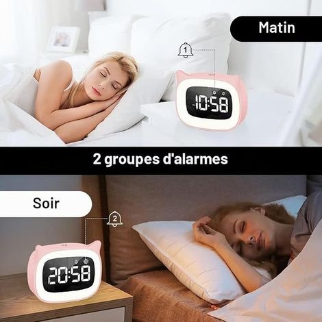 Réveil Enfant, Réveil Enfant Educatif, Veilleuses Chat Mignon, Lampe chevet fonction snooze, Affichage Automatique Temps, 5 Couleurs,18 Type de Musique d'anniversaire (Rose) (1/4)