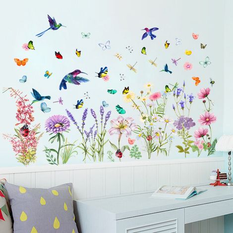 BEBUSINGOTO Un lot de stickers muraux fleurs papillons oiseaux autocollant sticker mural créatif pour salon chambre bureau cuisine