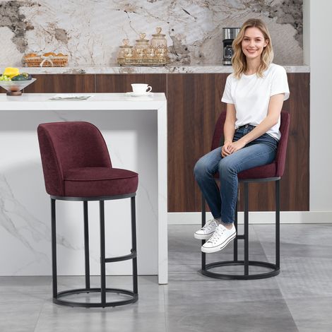 Set di 2 Sgabelli da Bar con Schienale Ergonomico e Poggiapiedi, per Cucina e Bancone, Lino Rosso Vino
