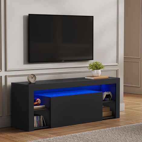 Meuble TV LED 140 cm HavenlyHome - Support Télé Moderne avec Placard - Etagères Réglables - pour Télévision jusqu'à 65" - pour Salon et Chambre - Noir (1/5)