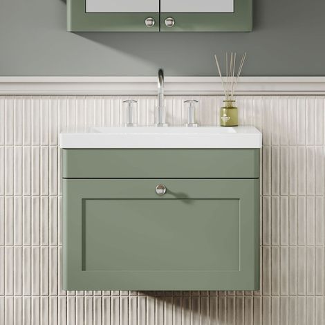 Nuie Classique Wall Hung 1-Drawer Vanity Unit with 3TH Contemporary Basin 600mm Wide - Satin Green (1/5)