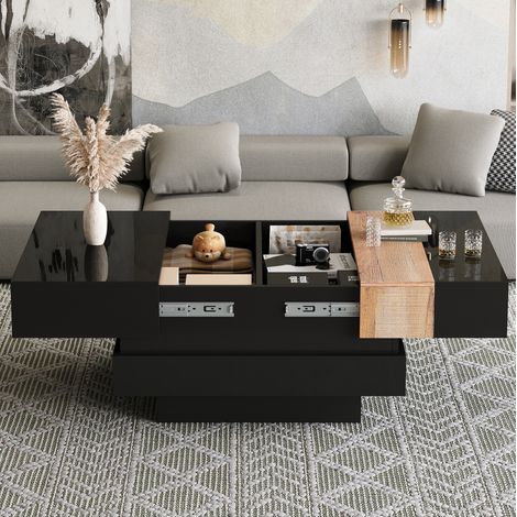 Table basse carrée extensible 70 x 70 cm avec rangement caché, noir brillant et bois DESVIAE (1/5)