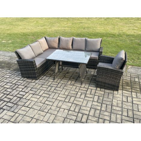 Fimous Hoher Rücken Rattan Gartenmöbel Set Polyrattan Ecksofa Esstisch Set mit Sesseln 7 Sitzer Dunkelgrau gemischt