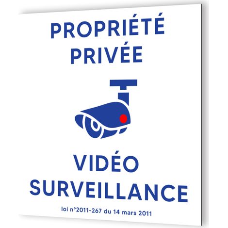 Panneau vidéo surveillance propriété privée - Signalétique Dibond blanc - Picto bleu - 20x20 cm, épaisseur 3 mm, fixation multiple (1/5)