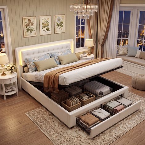 Lit Coffre 180x200 cm avec Sommier,Lit Double Rembourré avec éclairage LED,Cadre de Lit avec 2 tiroirs et Espace de Rangement,Lit 2 Personnes pour Adultes et Adolescents,Velours Beige,sans Matelas (1/5)