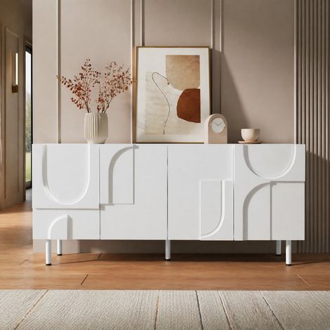 MEUBLIV Buffet de rangement 160x38,5x70 cm blanc – 4 portes géométriques (1/5)