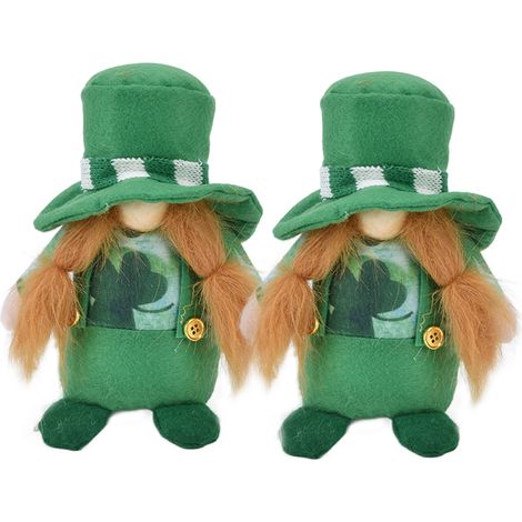 2 pièces Lutins Décoratifs Mains Artisanales Chapeau Vert Sans Visage Décoration Saint-Patrick pour Salon Table Étagère (Figurines Féminines) (1/5)