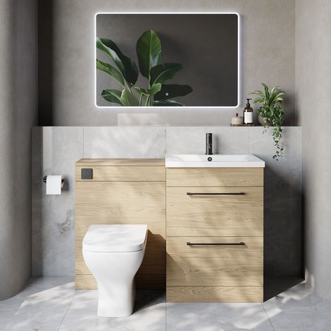 Napoli 460 Cento Light Oak 1200mm 2 Drawer Vanity Unit Toilet Suite with Glide Basin - 1200mm - Matt Black 320mm HandleWith Kingston Toilet Pan and Seat
