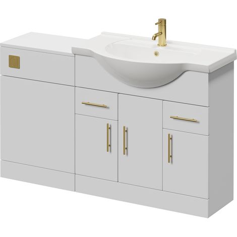 Alexander James Gloss White 1350mm 3 Door Vanity Unit Toilet Suite - 1350mm - Brushed Brass 96mm Bar HandleWithout James Toilet Pan