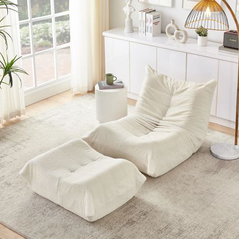 Lazy Sofa mit Rückenlehne und Fußhocker, Relaxsessel, Weicher Teddyfell-Bohnensack-Bodenlesesessel, Bequemer Einzel-Bodensofa für Wohnzimmer, Schlafzimmer, Arbeitszimmer, Apartment, Beige