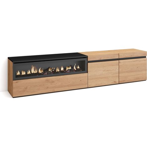 Skraut Home Mobile TV Soggiorno Ampio spazio a disposizione 200x45x35cm Per TV fino a 80" Camino elettrico Stile moderno Rovere e nero (1/5)