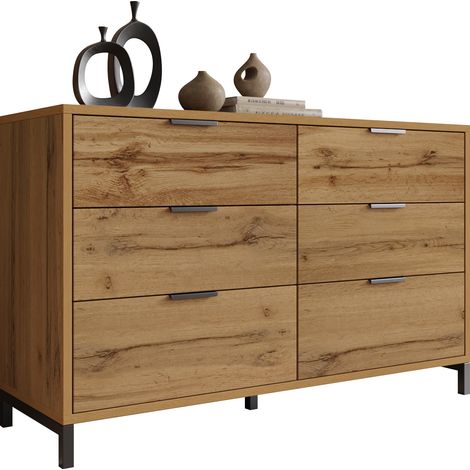 Commode en chêne foncé, 6 tiroirs, 120x40x76 cm, meuble de rangement haut pour chambre et salon, buffet pratique. (1/5)