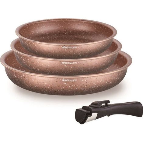 Set de 3 poeles - Tous feux dont induction - ARTHUR MARTIN - AM9811 - Ø 20, 24 et 28 cm + 1 poignée amovible - Terracotta (1/4)