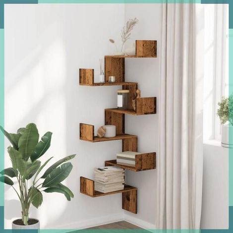 852643 étagère d'angle murale vieux bois 45x45x147cm bois d'ingénierie (1/5)