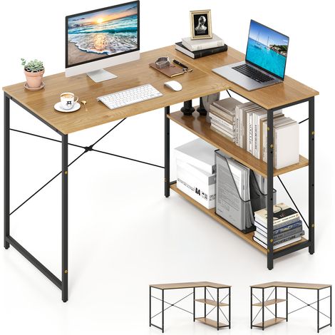 Bureau d'Ordinateur en Forme de L, Bureau d'angle Réversible avec Étagère Réglable, Table d'Étude Gain de Place, Naturel (1/5)
