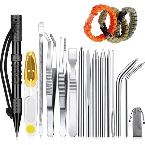 Ensemble de 14 outils pour paracorde, aiguille à lacer, outil de lissage et embout en acier inoxydable avec pointe Marlin (noir) (1/5)