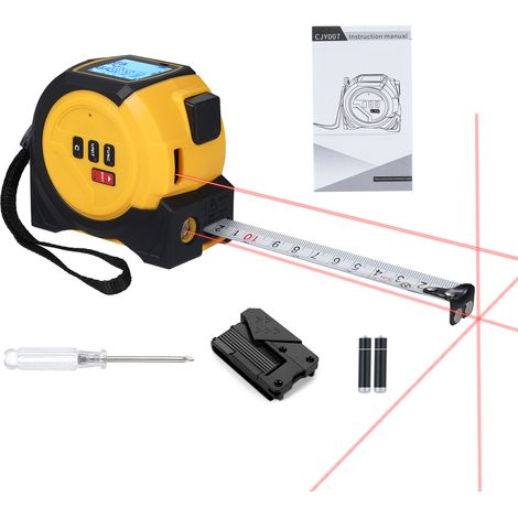 [JAMAIS UTILISÉ]Mètre laser 3 en 1 : niveau laser, ruban de 5 m avec formule de Pythagore, mesure de surface et de volume, conversion d'unités m/ft/in, jaune, 5 m + 60 m (1/5)