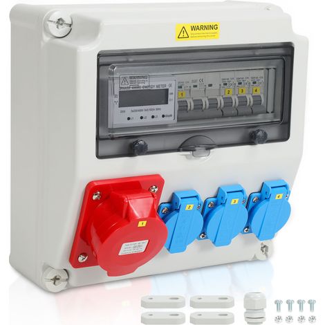 TolleTour Stromverteiler Wandverteiler mit Stromzähler 3-Phasen und MCB,5 Polig Baustromverteiler mit 3xSchuko-Steckdose und CEE-Steckdose 32A Stromverteiler für Innen und Außen