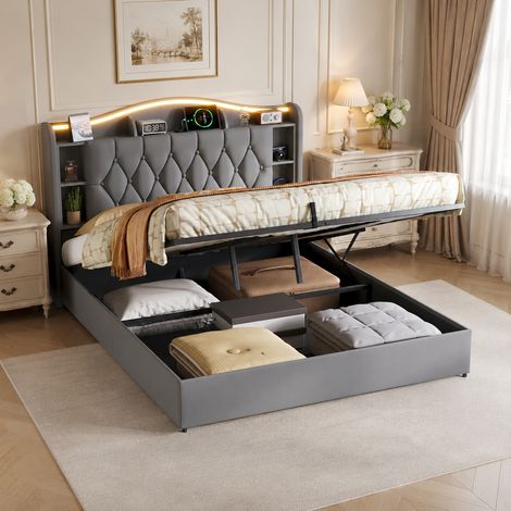 Lit coffre 140×200 cm,rangement hydraulique,lumière LED,lit double capitonné,USB et charge sans fil,cadre de lit 140×200,tête de lit avec rangement,sommier à lattes,lit adulte,lit ados,Velours,Gris (1/5)