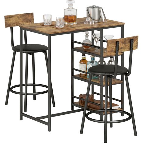 HOMCOM Space Saving Bar Table and PU Leather Stools for 2, Rustic Brown
