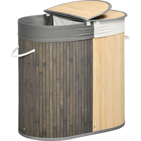 Panier à linge en bambou 100L avec 2 sections couvercle et sac amovible 62,5 x 37 x 60,5 cm - gris (1/5)