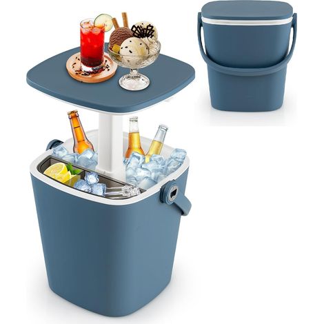 COSTWAY Table Glacière 3 en 1 pour Jardin 15L avec Couvercle Relevable, Seau à Glace d'Extérieur en PP Résistant aux Intempéries avec Compartiments, Pince à Glace et Ouvre-Bouteille Poignée pour Pisci (1/5)
