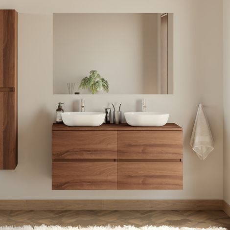 Meuble de salle de bain 120cm avec plateau et 2 vasques à poser arrondies - 4 tiroirs - noyer (bois foncé) - IDA (1/5)