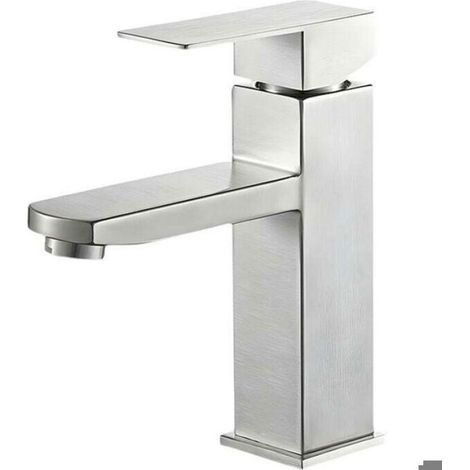 Robinet Mitigeur Lavabo Carré - Acier Inoxydable - Pour Salle De Bain - Robinet Eau Chaude Froide - Sans Tuyau D'Entrée - 1 Pièce