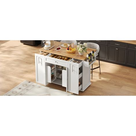 Isla de cocina móvil con encimera abatible, 3 cajones verticales, estantes en puertas y ruedas con freno, para cocinar o comer en casa con orden – CHICFURN (1/5)