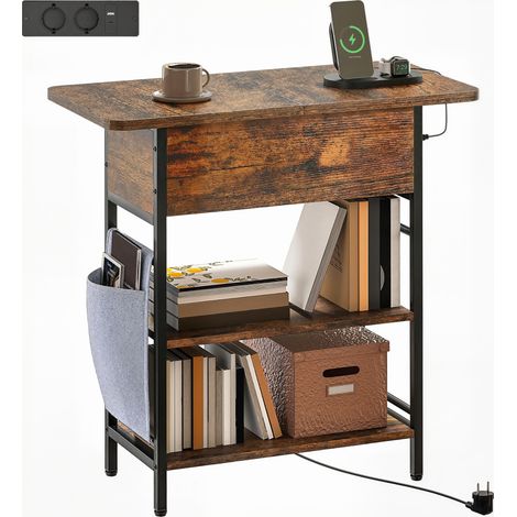 Beistelltisch Nachttisch mit Steckdosenleiste, 2 Ebenen, USB-Anschlüssen Stauraum 60 x 29,8 x 58,5 cm Rustikal Braun