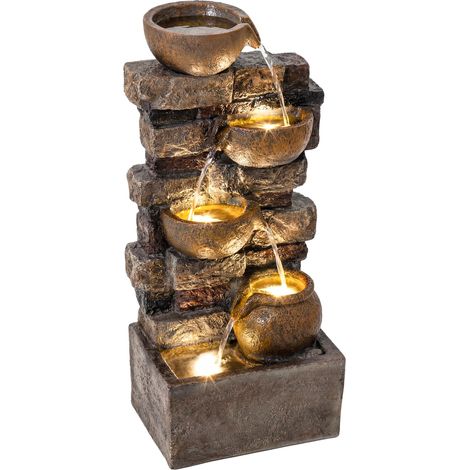 Fontaine Extérieure avec 5 Niveaux de Pichets Rustiques et Design Roche, Cascade avec Lumières LED, Marron Rustique (1/5)