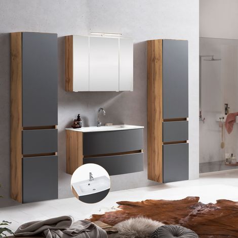 Badezimmer Set in Wotaneiche Nb. mit matt grau LAURIA-03 inkl. Beleuchtung und Glasbecken, BxHxT: ca. 200x200x49 cm (1/5)