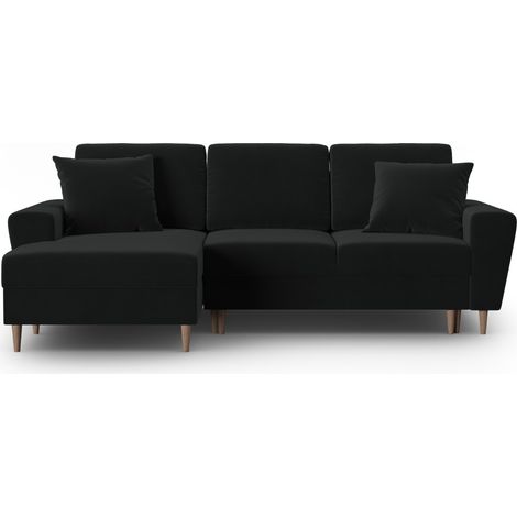 Canapé d'angle gauche convertible + box 4 places en velours noir (1/5)