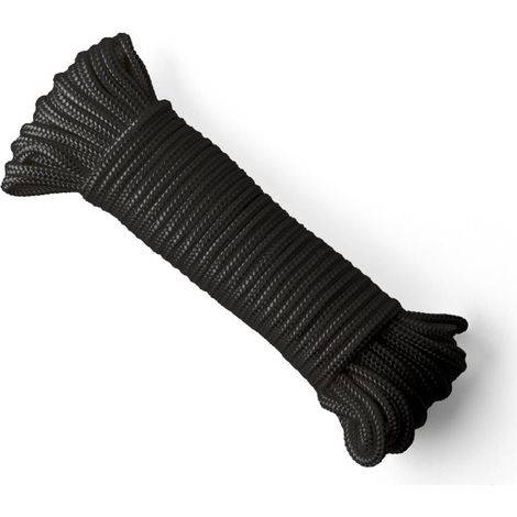 Corde en Nylon (6mm, 50m, Noir) - Paracorde en Polyamide tressé Robuste - Résistante à l'usure et Solide - Charge de Rupture 622kg