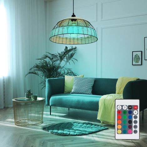 Lampada a sospensione in rattan boho da tavolo da pranzo lampada a sospensione retrò, rete metallica nera, telecomando dimmerabile, 1x LED RGB 8,5W 806Lm bianco caldo, DxH 40 x 120 cm